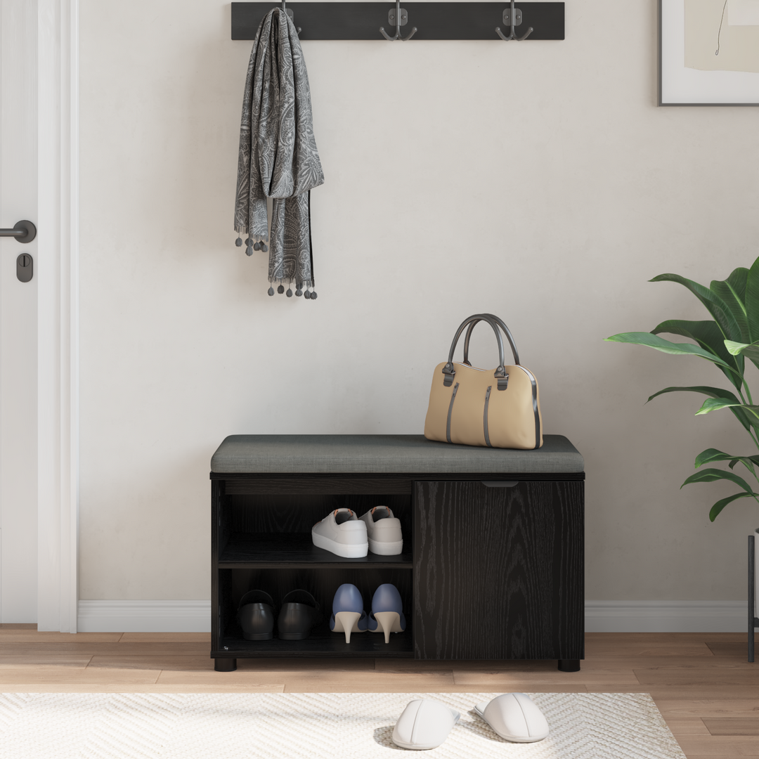 Hallbænk med pude Sort Eg 80 x 38 x 46 cm Kunstigt træ og stof