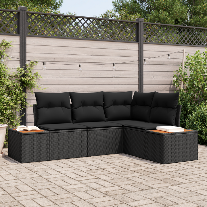 Havesofa Sæt med pude med opbevaring 4 pcs Sort Polyrattan