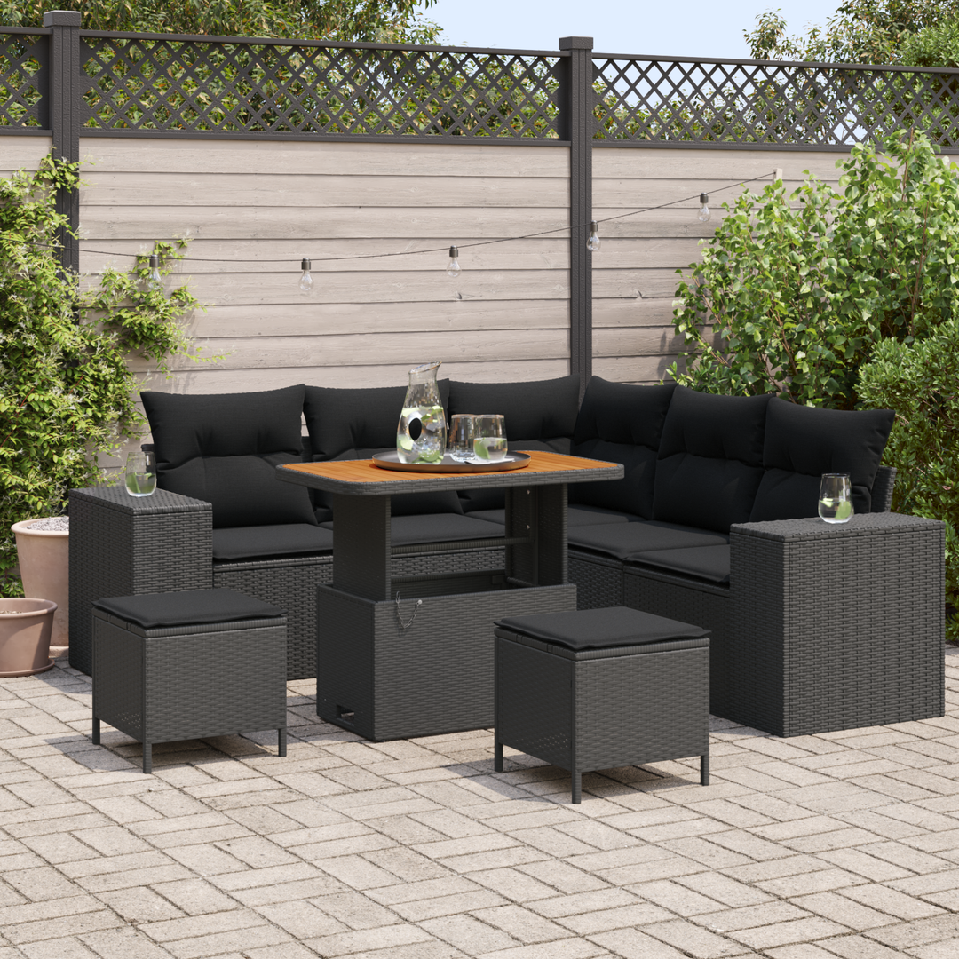 Havesofa Sæt med pude med opbevaring 8 pcs Sort polyrattan