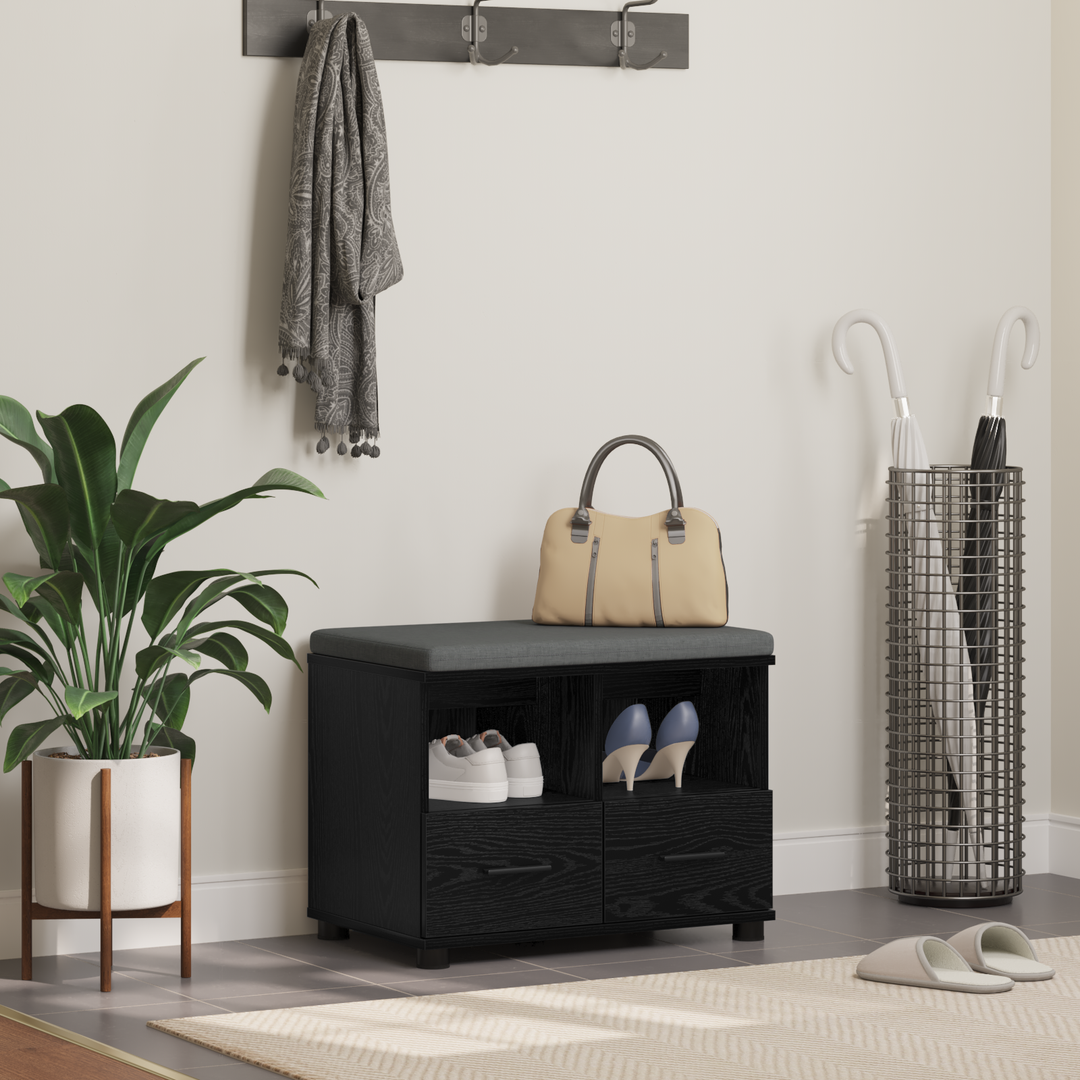 Hallbænk med pude Sort Eg 60 x 38 x 46 cm Kunstigt træ og stof