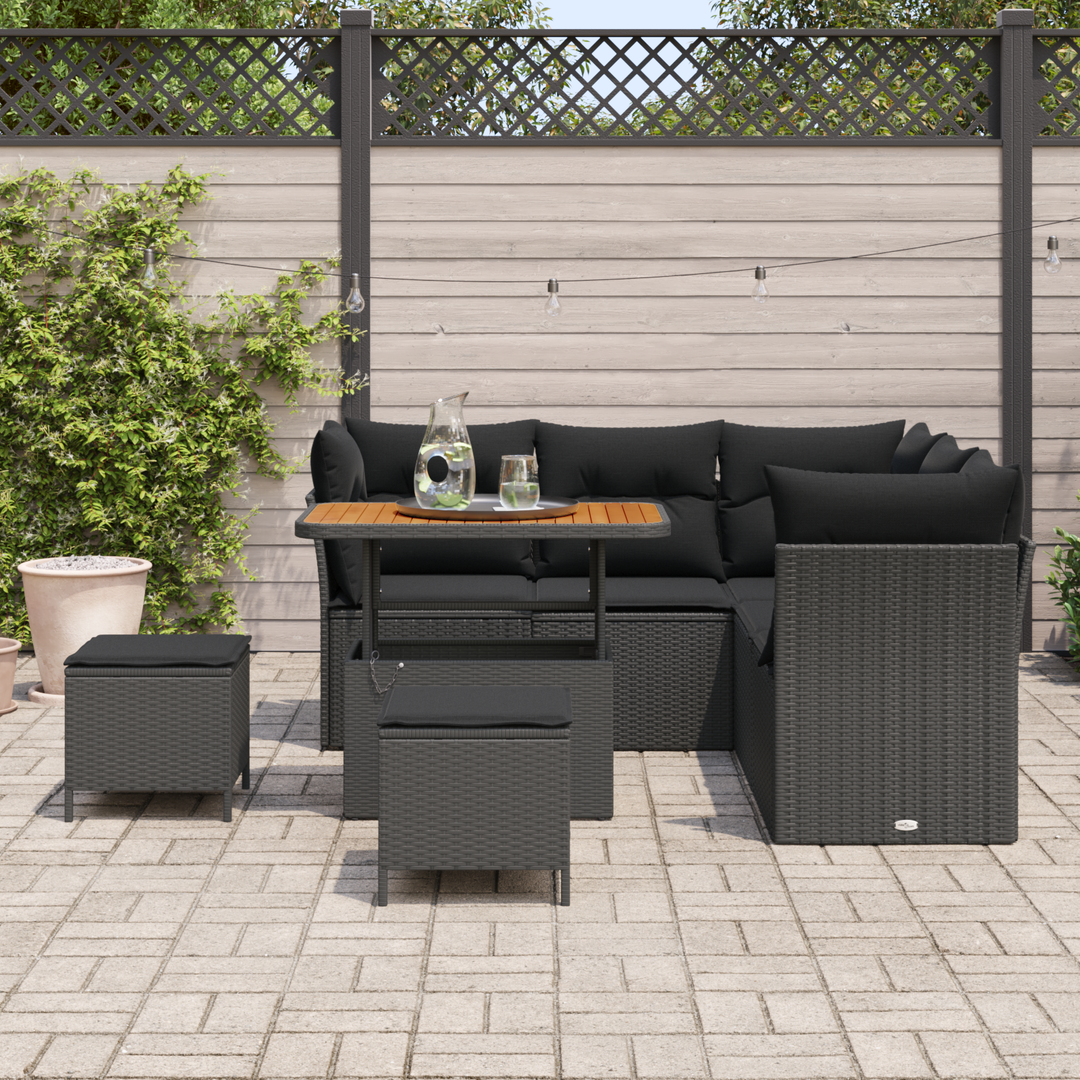 Havesofa Sæt 8 pcs Sort Poly rattan og pulverlakeret stål