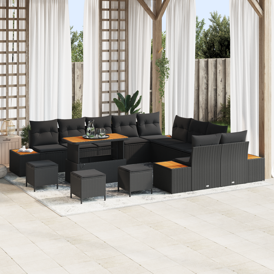 Havesofa Sæt med pude med opbevaring 14 pcs Sort Poly rattan
