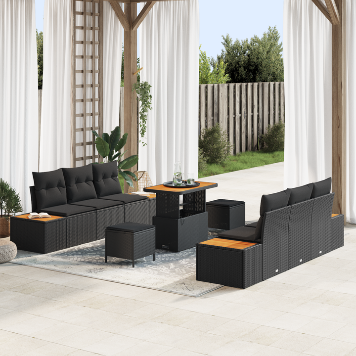 Havesofa Sæt med pude med opbevaring 9 pcs Sort Poly rattan