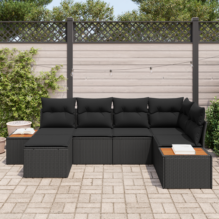 Havesofa Sæt med pude med opbevaring 7 pcs Sort Polyrattan