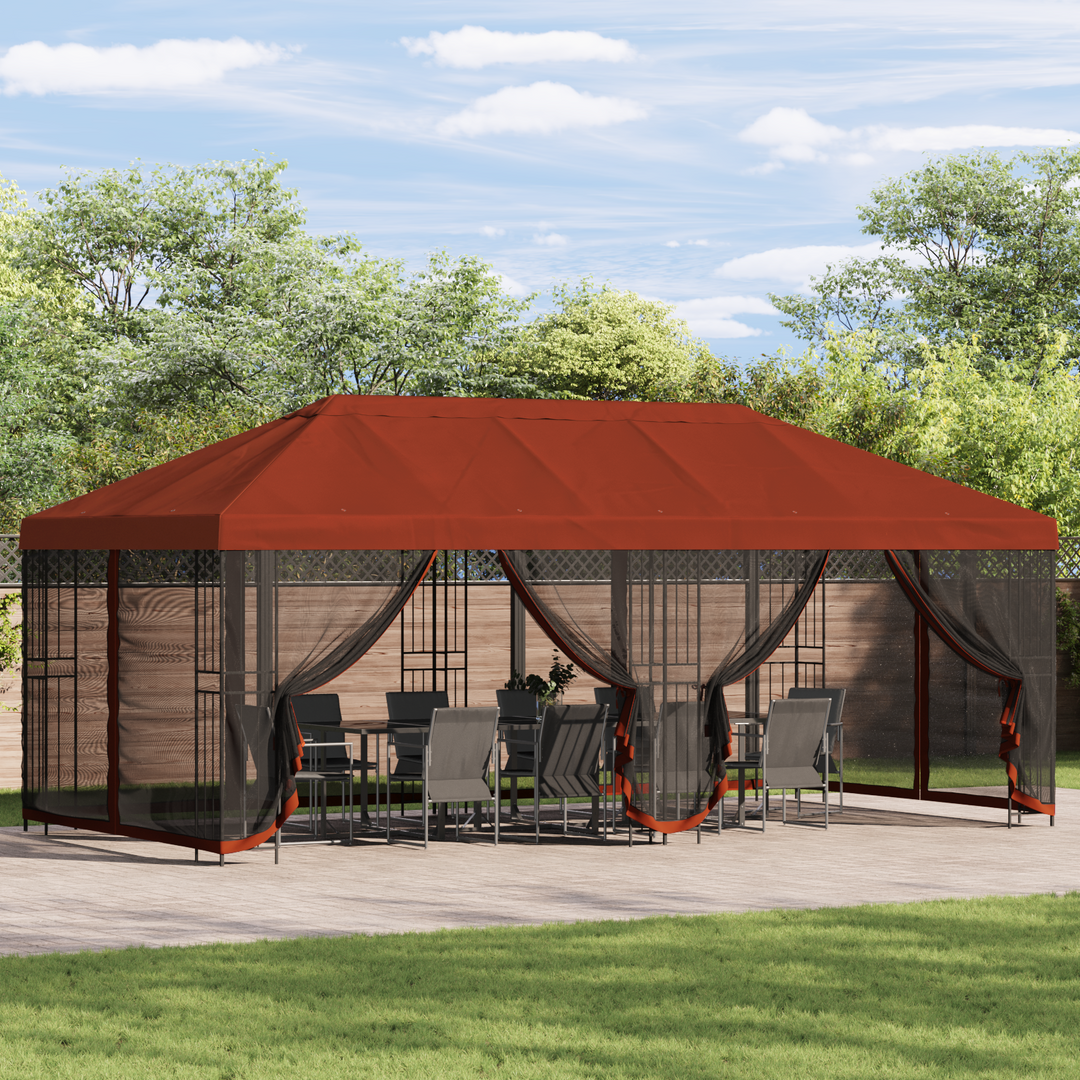 Pavillon med sidetapper 6 x 3 m Terrakotta Polyester og Stål