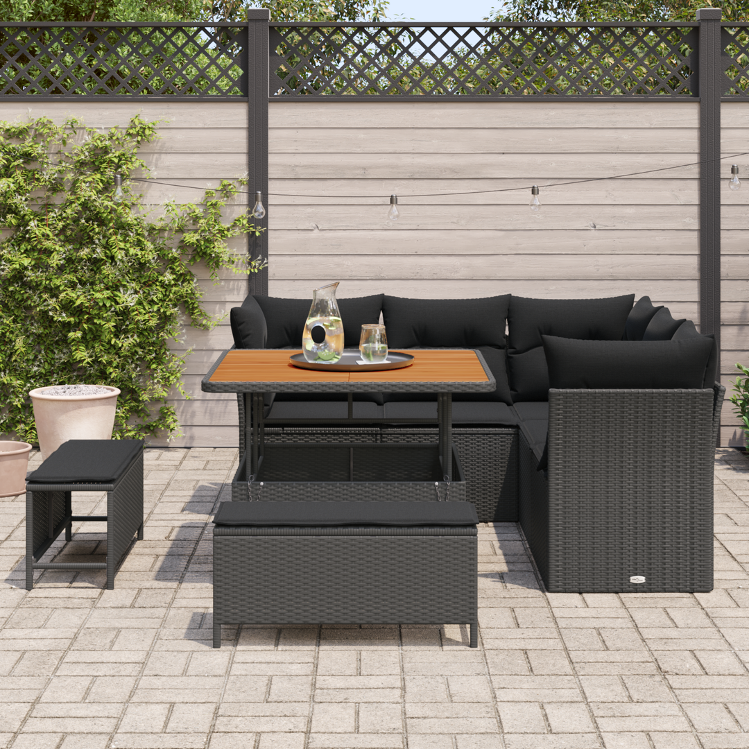 Havesofa Sæt 8 pcs Sort Poly rattan og pulverlakeret stål