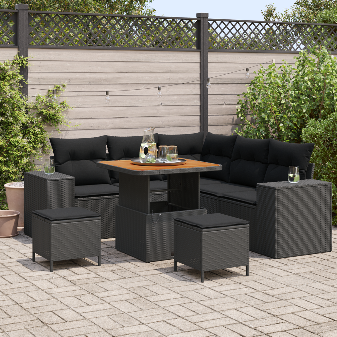 Havesofa Sæt med pude med opbevaring 8 pcs Sort polyrattan