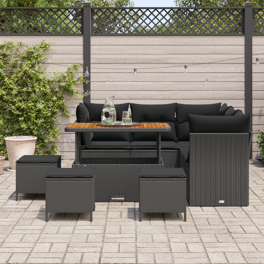 Havesofa Sæt 9 pcs Sort Poly rattan og pulverlakeret stål