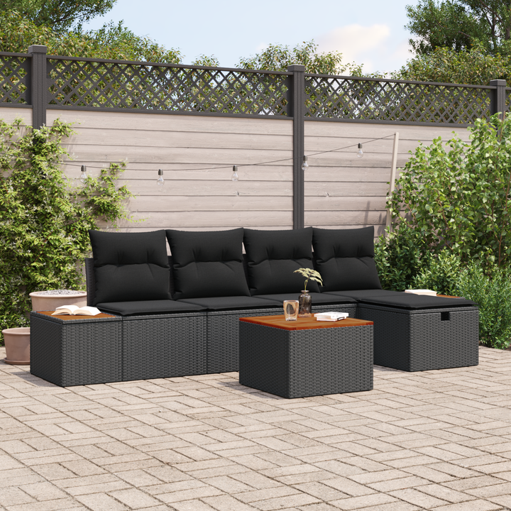 Havesofa Sæt med pude 6 pcs Sort Poly rattan
