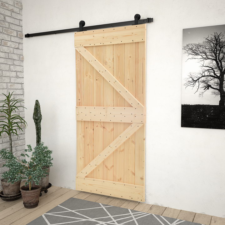 Skydedør Naturfarvet og sort 90 x 210 cm Massivt fyrretræ