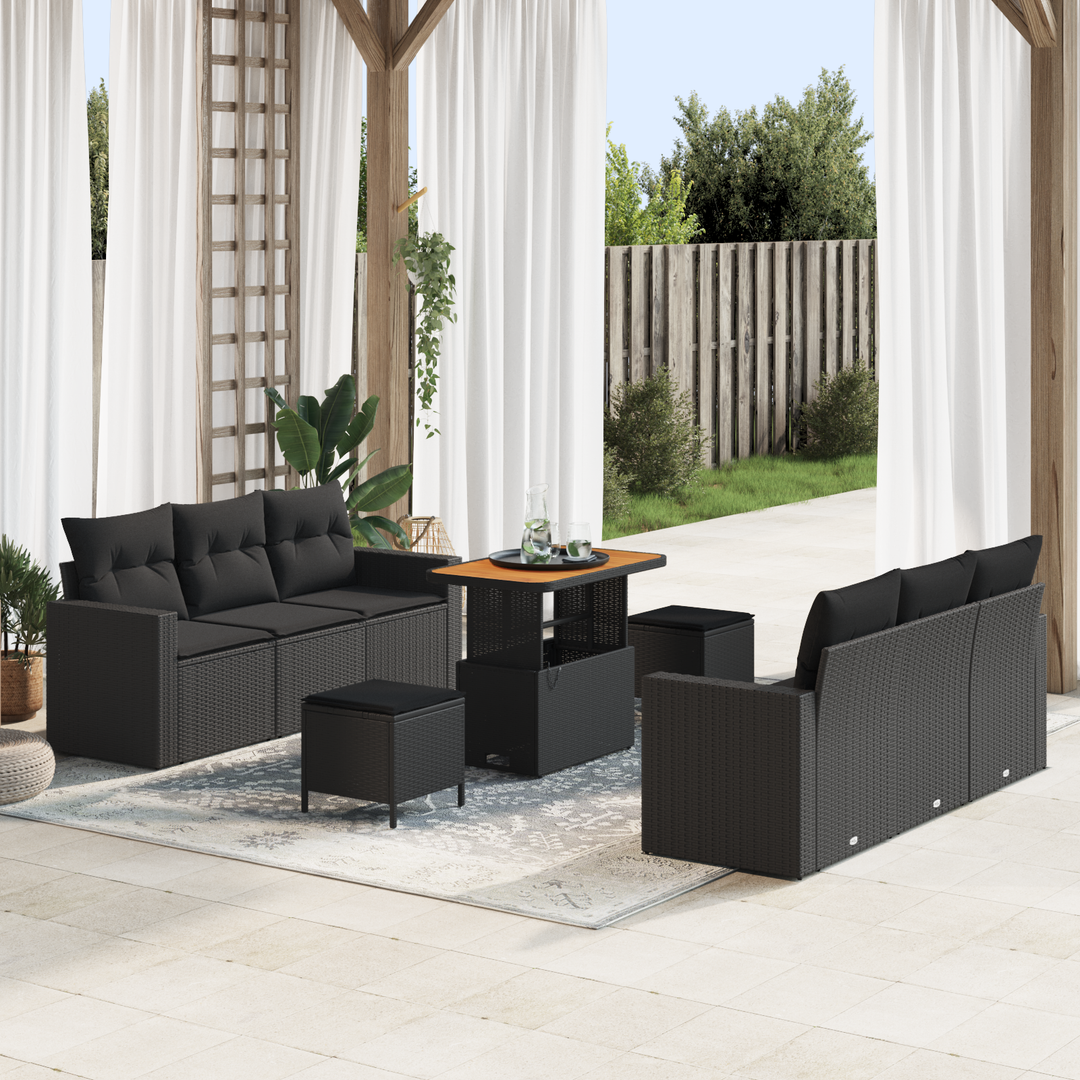 Havesofa Sæt 9 pcs Sort Polyrattan og pulverlakeret stål