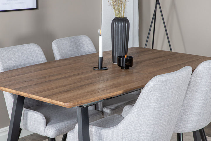 Venture Home Inca Spisebord - 160/200*85*H75 - Eg / Sort+Plaza Spisebordsstol - Sorte ben - Lysegråt
