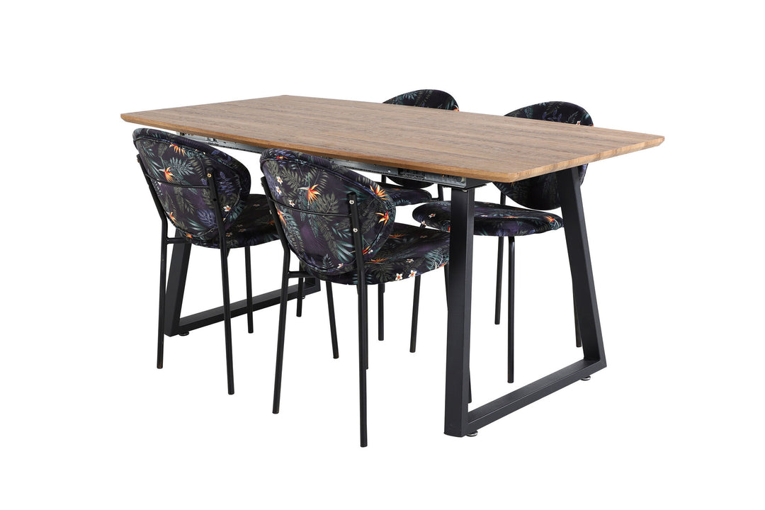 Venture Home Inca spisebord - 160/200*85*H75 - Eg / Sort + Hvælvet spisebordsstol - Sorte ben - Sort blomsterprintet stof_4