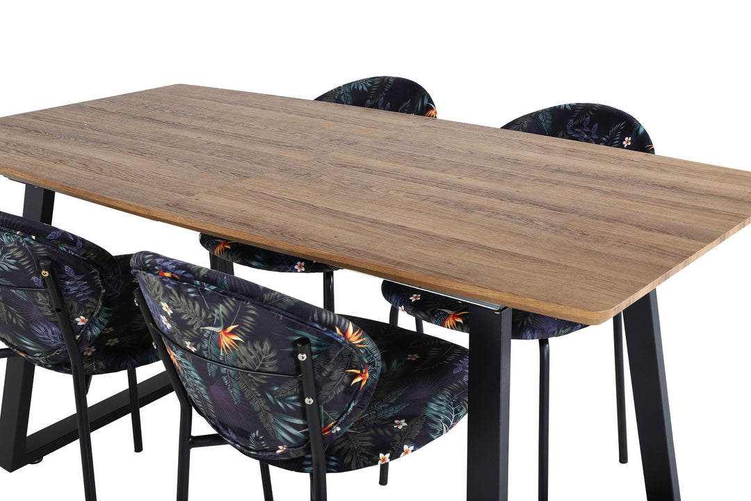 Venture Home Inca spisebord - 160/200*85*H75 - Eg / Sort + Hvælvet spisebordsstol - Sorte ben - Sort blomsterprintet stof_4