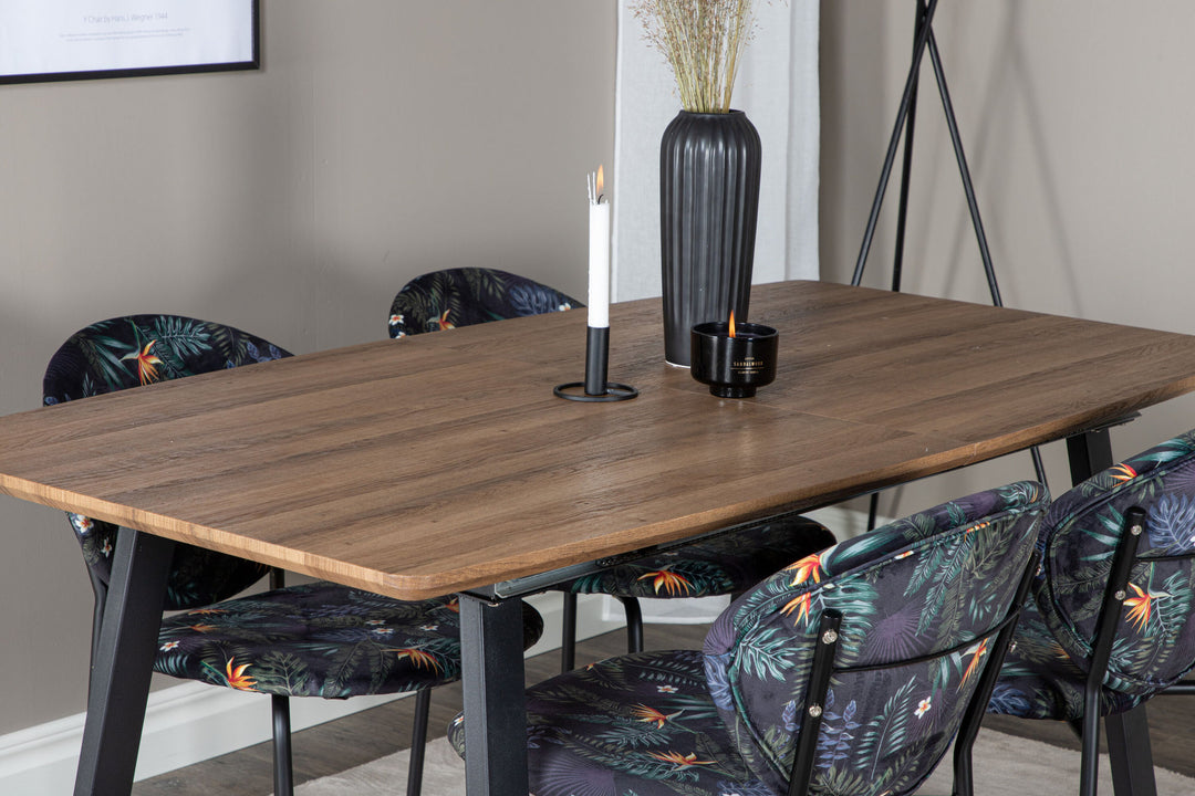 Venture Home Inca spisebord - 160/200*85*H75 - Eg / Sort + Hvælvet spisebordsstol - Sorte ben - Sort blomsterprintet stof_4