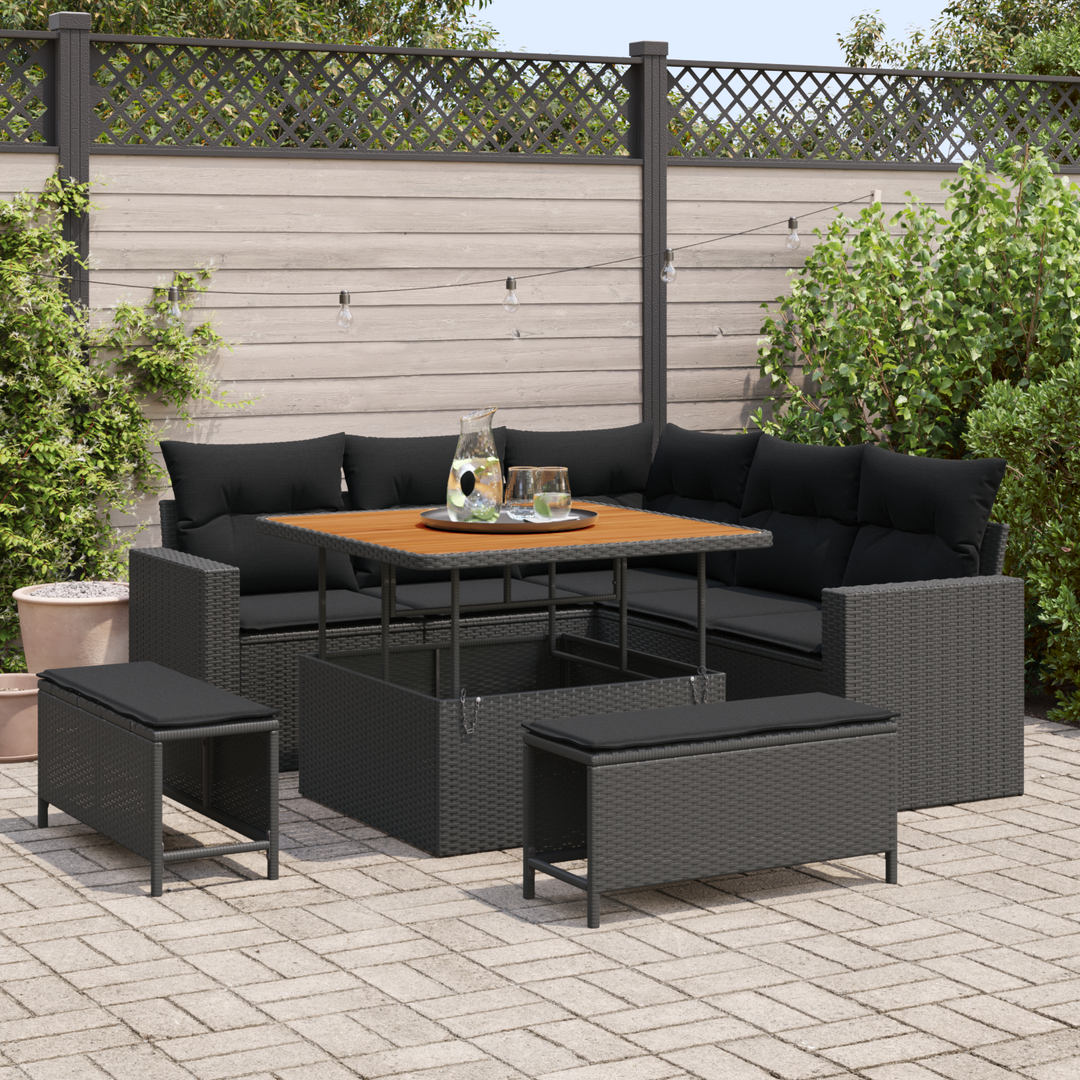 Havesofa Sæt med pude 9 pcs Sort polyrattan