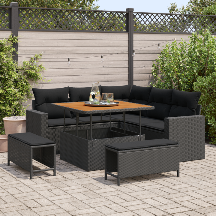Havesofa Sæt med pude 9 pcs Sort polyrattan