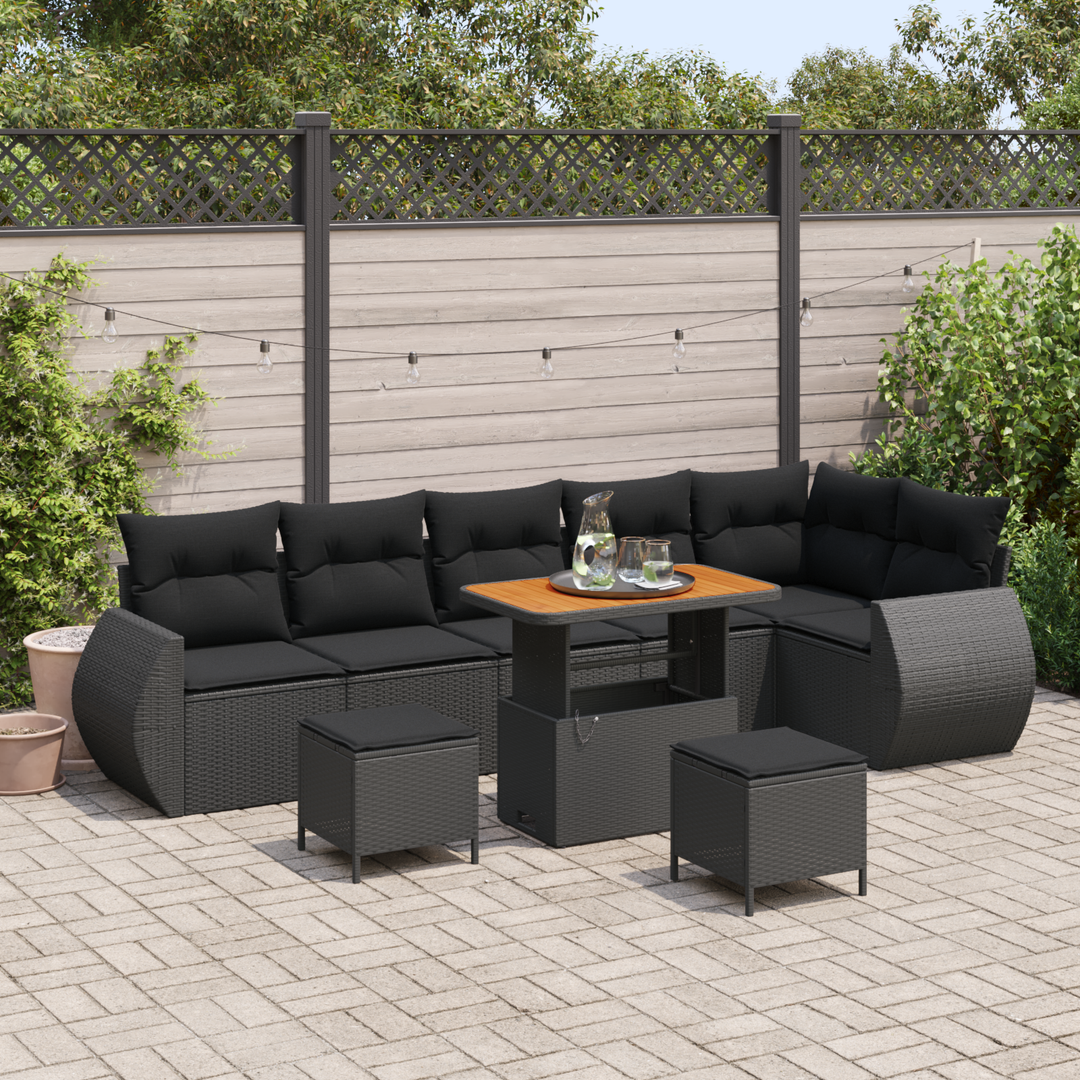 Havesofa Sæt med pude med opbevaring 9 pcs Sort Poly Rattan