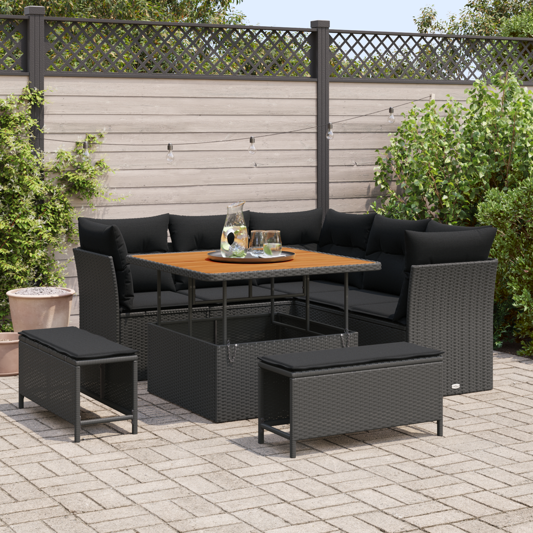 Havesofa Sæt 8 pcs Sort Poly rattan og pulverlakeret stål