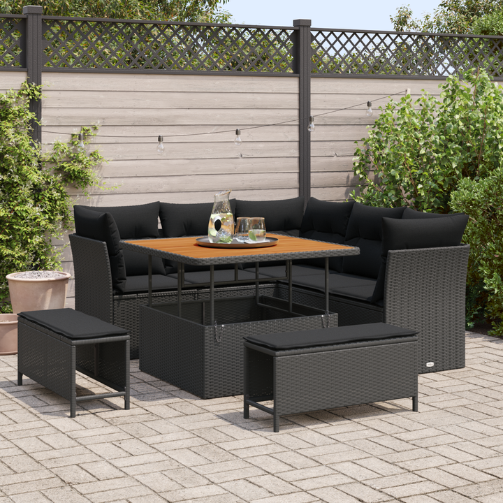 Havesofa Sæt 8 pcs Sort Poly rattan og pulverlakeret stål