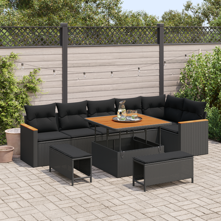 Havesofa Sæt med pude 9 pcs Sort Poly rattan