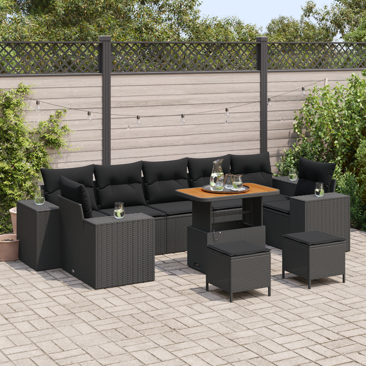 Havesofa Sæt 10 pcs Sort Polyrattan, stål og massivt akacietræ