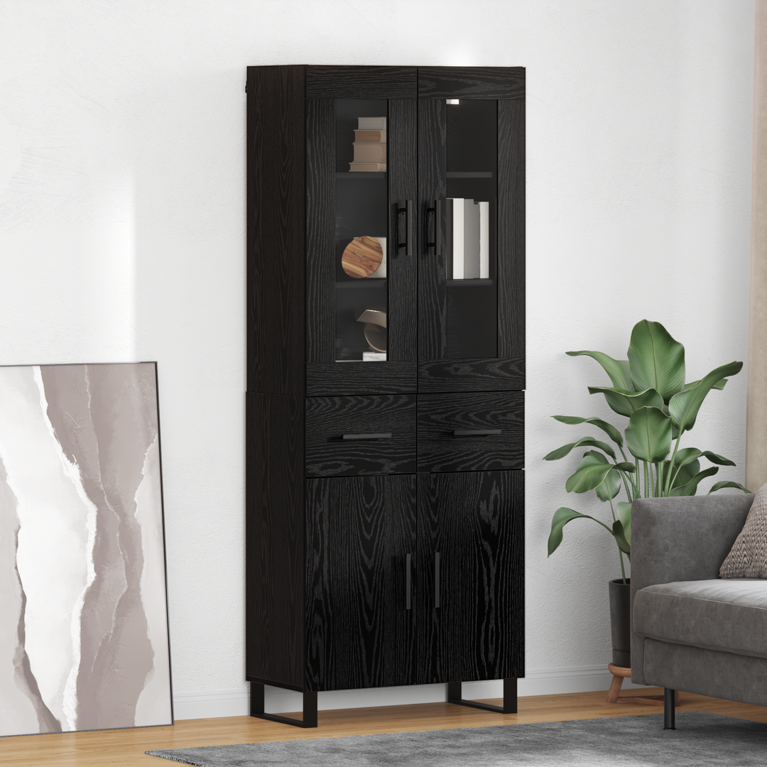 Highboard med skuffe 2 pcs Sort eg Ingeniørtræ og glas