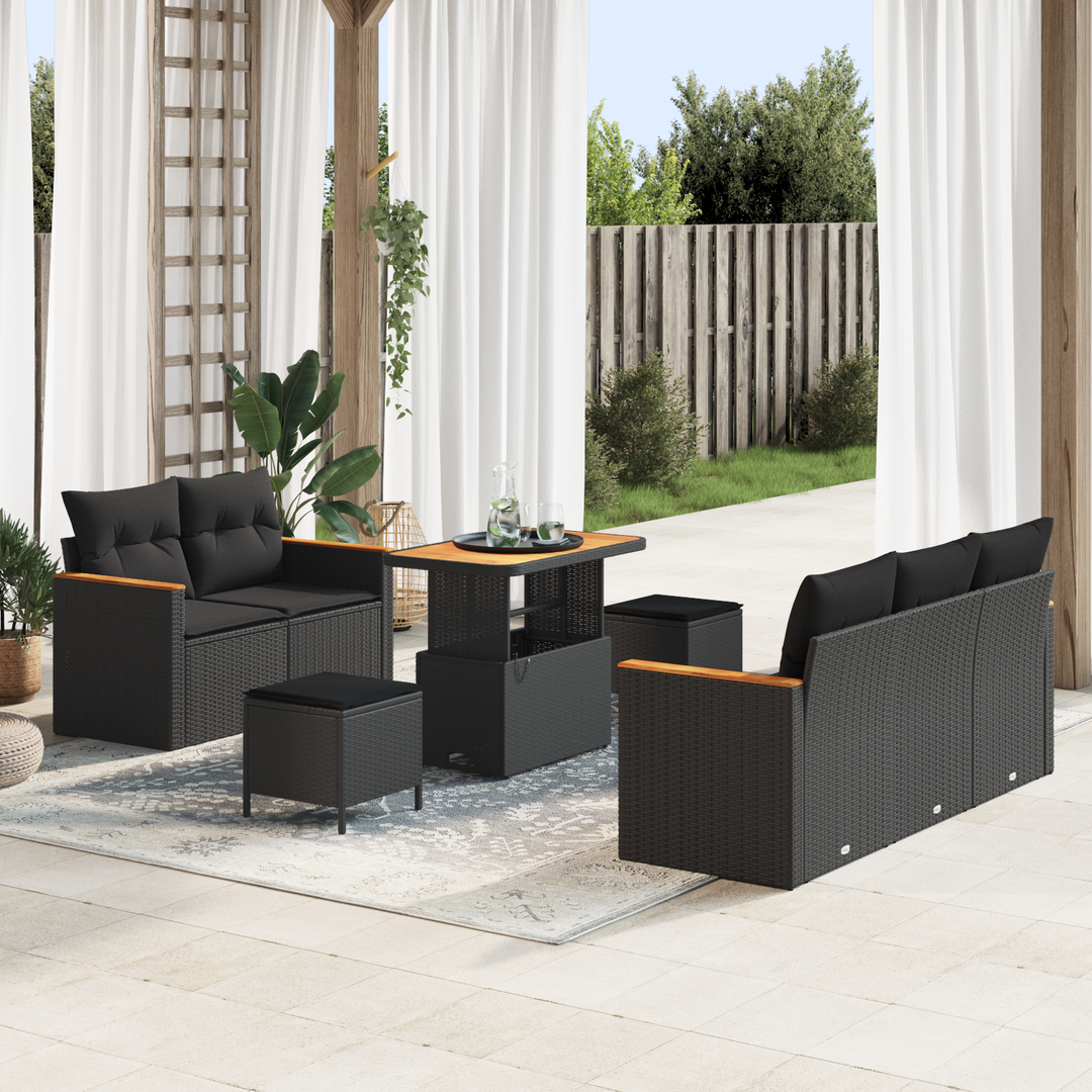 Havesofa Sæt med pude 10 pcs Sort polyrattan