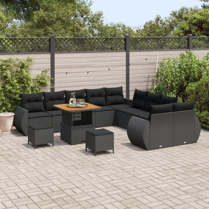 Havesofa Sæt 13 pcs Sort Polyrattan og pulverlakeret stål