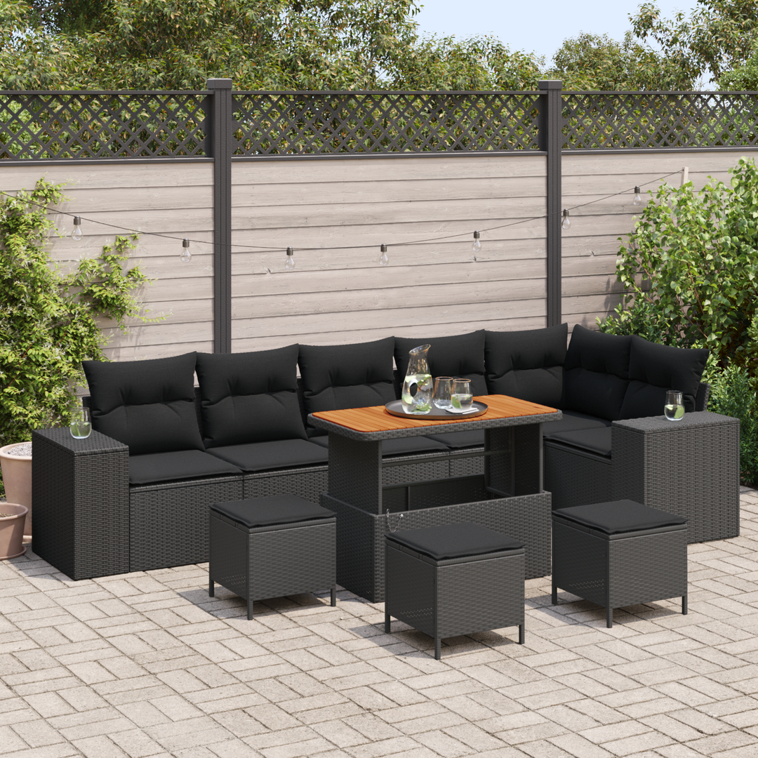 Havesofa Sæt med pude 10 pcs Sort polyrattan