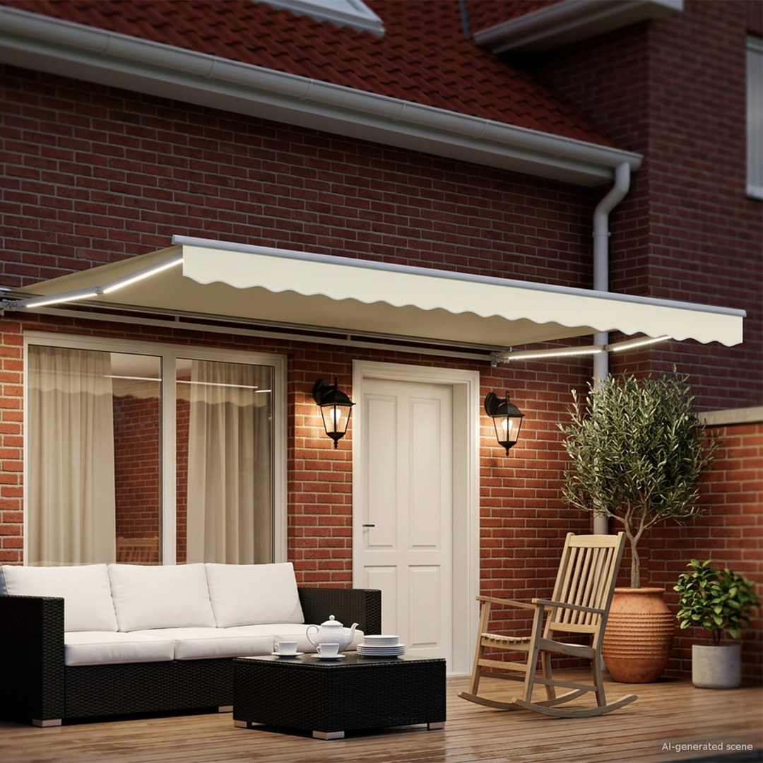 Manuel markise-ramme med LED-lys Creme og hvid 5 × 3,5 m