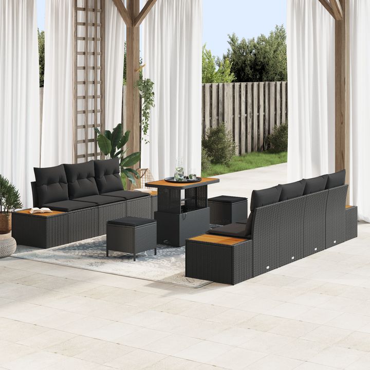 Havesofa Sæt med pude med opbevaring 10 pcs Sort Poly rattan