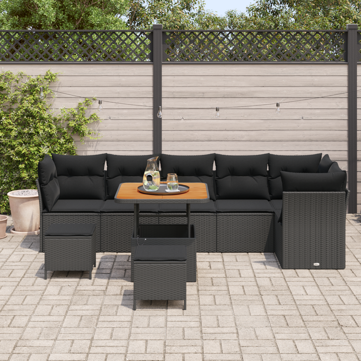 Havesofa Sæt 9 pcs Sort Poly rattan og pulverlakeret stål