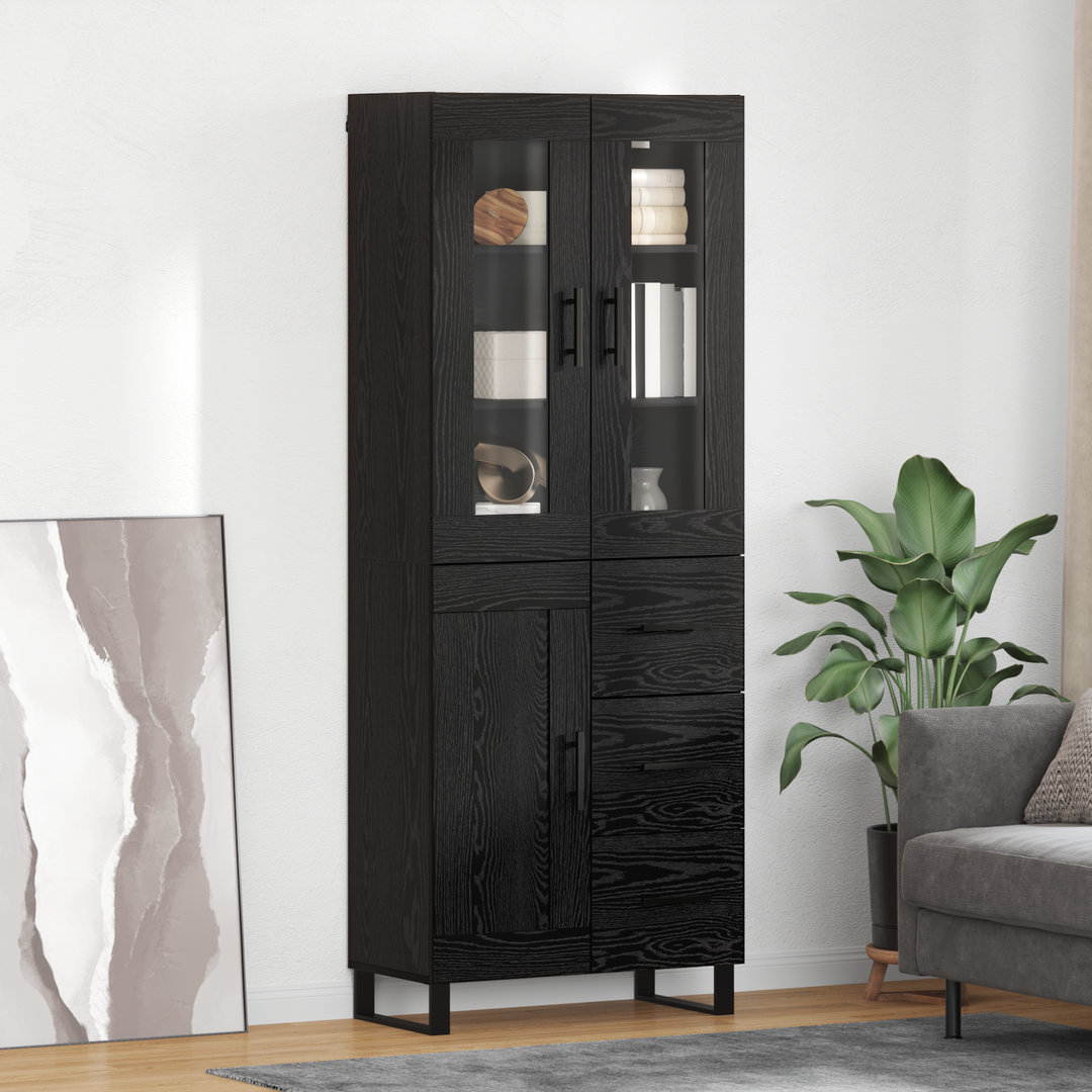 Highboard med skuffe 2 pcs Sort eg Ingeniørtræ og glas