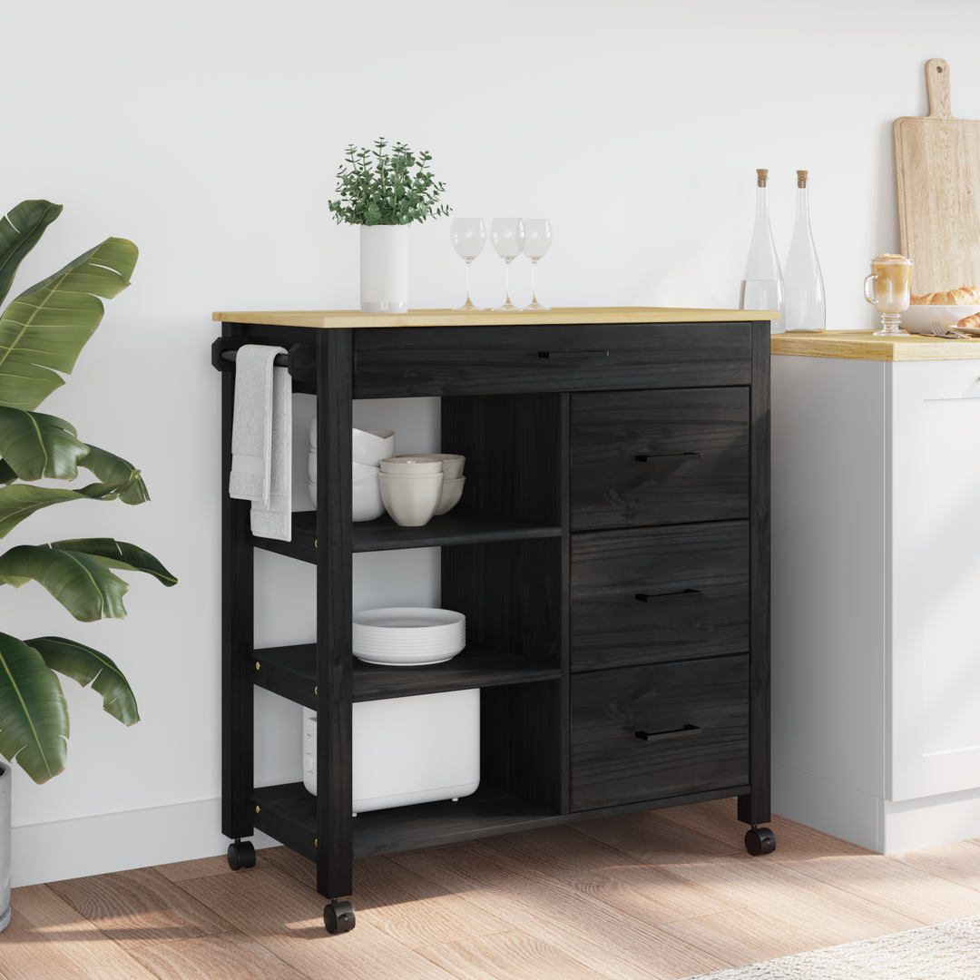 Køkkenvogn MONZA Sort 84 x 40 x 88,5 cm Massivt fyrretræ