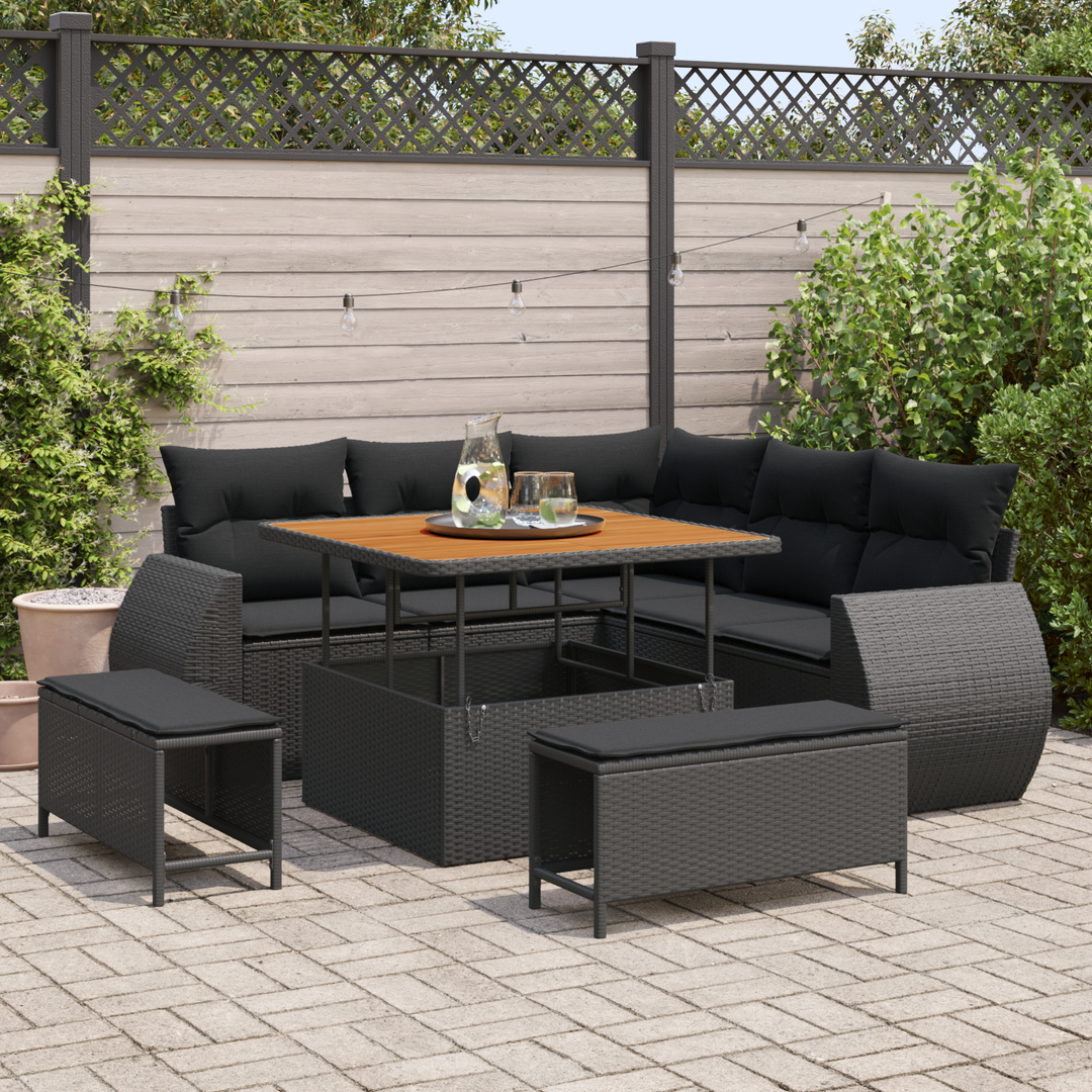 Havesofa Sæt med pude med opbevaring 8 pcs Sort polyrattan