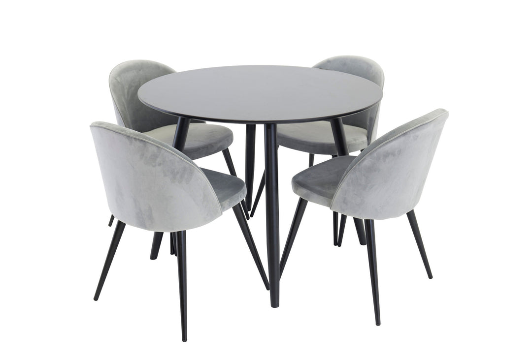 Venture Home Plaza Runt Matbord - Svart / Svart - ø100*H75 +Velvet Dining Chair - Light Grey / Black _4