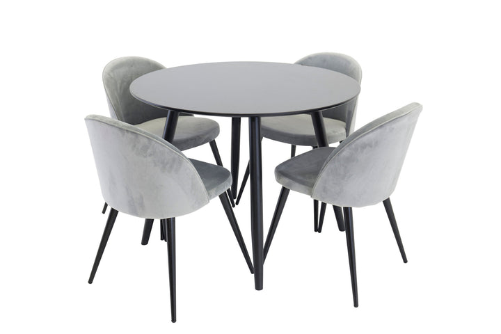Venture Home Plaza Runt Matbord - Svart / Svart - ø100*H75 +Velvet Dining Chair - Light Grey / Black _4