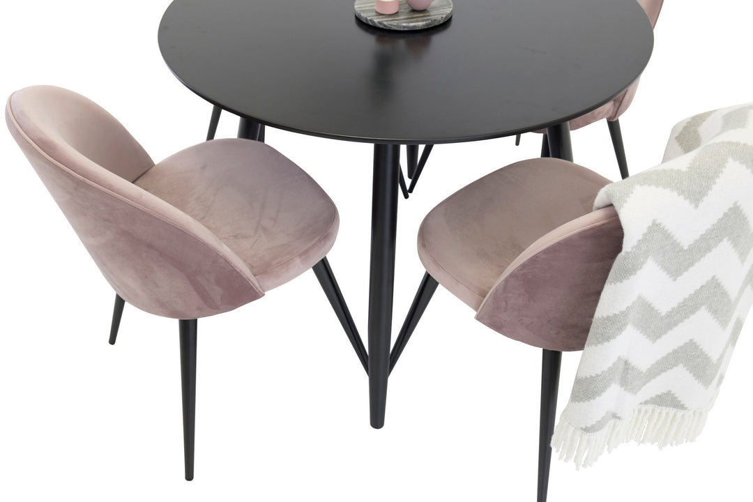 Venture Home Plaza Runt Matbord - Svart / Svart - ø100*H75 +Velvet Dining Chair - Pink / Black _4