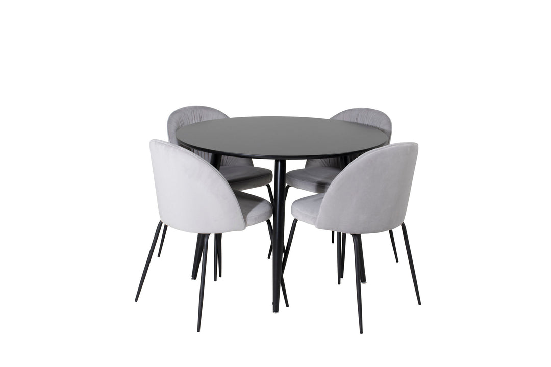 Venture Home Plaza Runt Matbord - Svart / Svart - ø100*H75 +Wrinkles Dining Chair - Black Legs - Grey Velvet _4