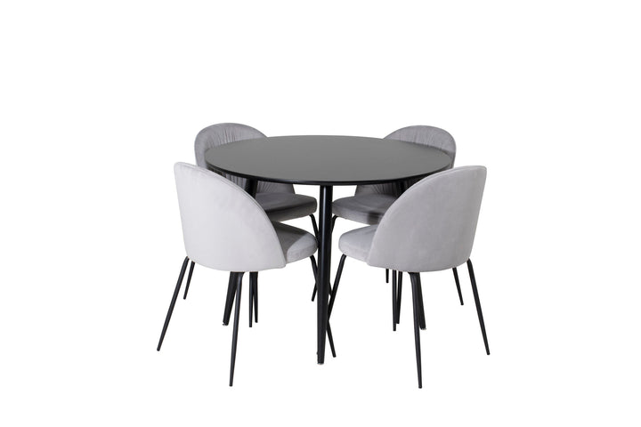 Venture Home Plaza Runt Matbord - Svart / Svart - ø100*H75 +Wrinkles Dining Chair - Black Legs - Grey Velvet _4