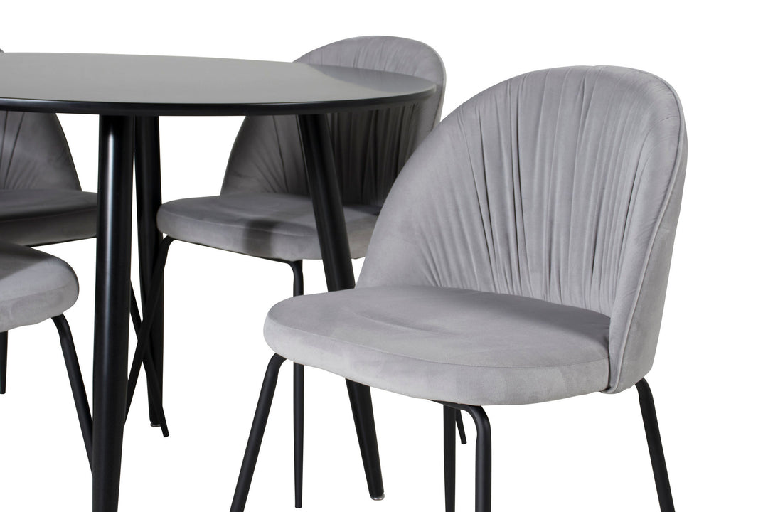 Venture Home Plaza Runt Matbord - Svart / Svart - ø100*H75 +Wrinkles Dining Chair - Black Legs - Grey Velvet _4