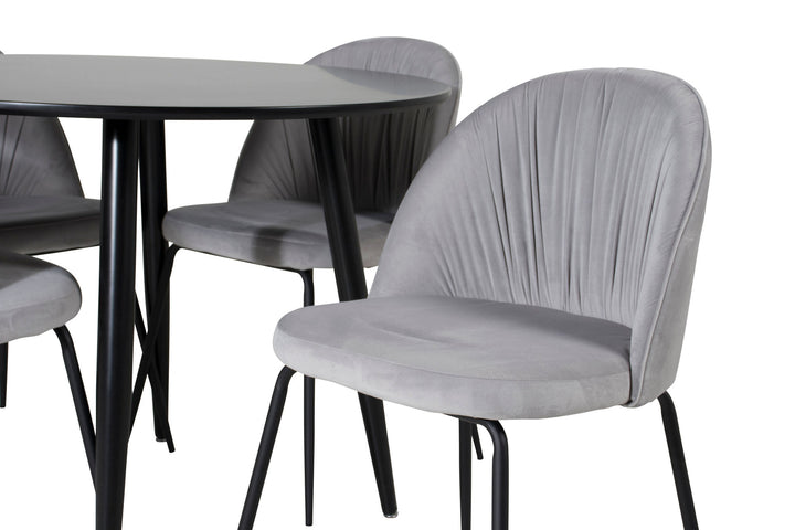 Venture Home Plaza Runt Matbord - Svart / Svart - ø100*H75 +Wrinkles Dining Chair - Black Legs - Grey Velvet _4