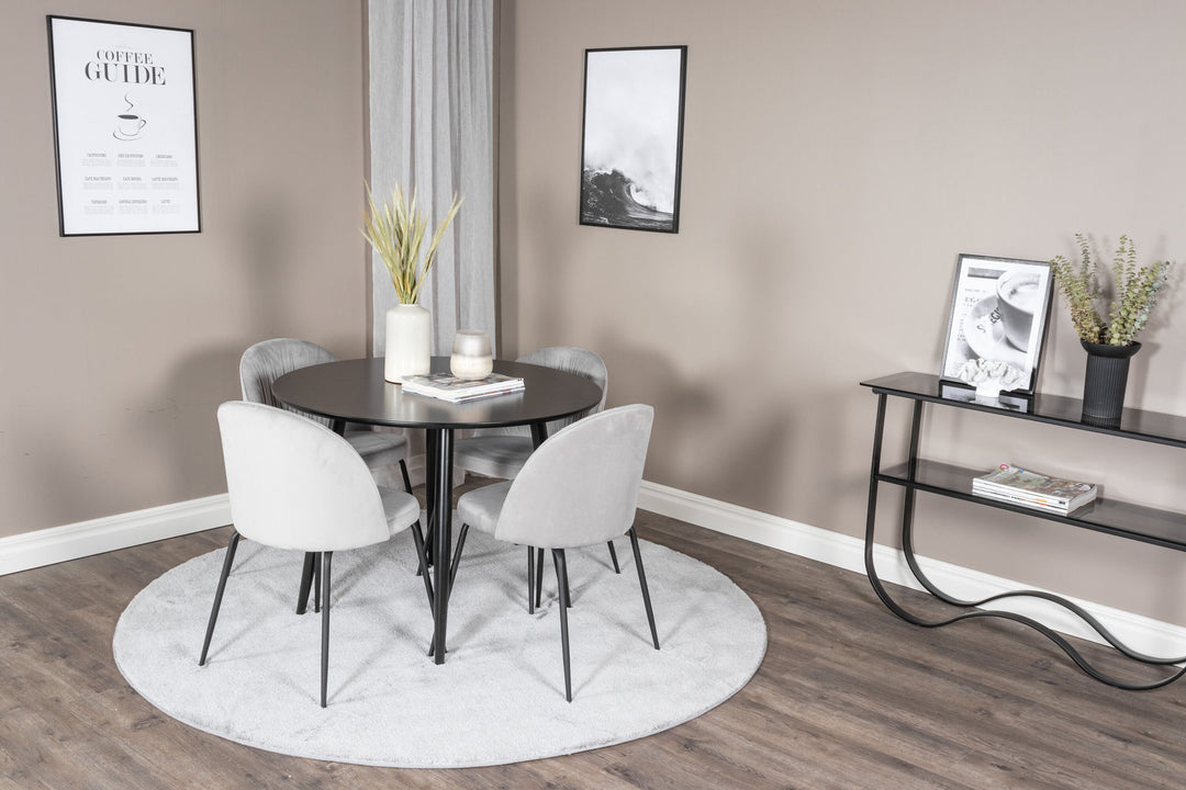 Venture Home Plaza Runt Matbord - Svart / Svart - ø100*H75 +Wrinkles Dining Chair - Black Legs - Grey Velvet _4