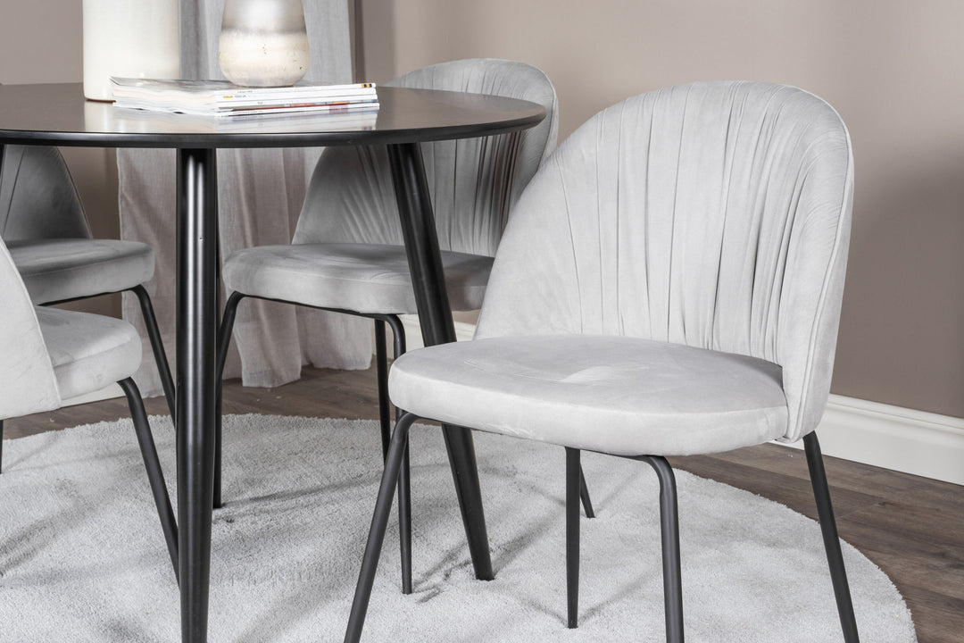 Venture Home Plaza Runt Matbord - Svart / Svart - ø100*H75 +Wrinkles Dining Chair - Black Legs - Grey Velvet _4