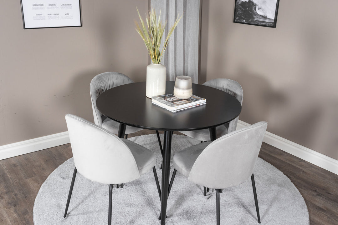 Venture Home Plaza Runt Matbord - Svart / Svart - ø100*H75 +Wrinkles Dining Chair - Black Legs - Grey Velvet _4