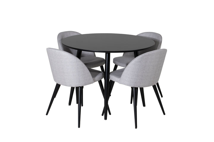 Venture Home Plaza Runt Matbord - Svart / Svart - ø100*H75 +Velvet Dining Chair - Black legs - Light GreyFabric _4