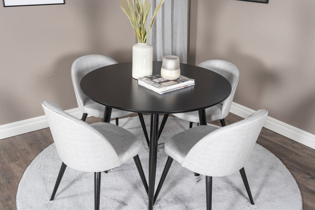 Venture Home Plaza Runt Matbord - Svart / Svart - ø100*H75 +Velvet Dining Chair - Black legs - Light GreyFabric _4