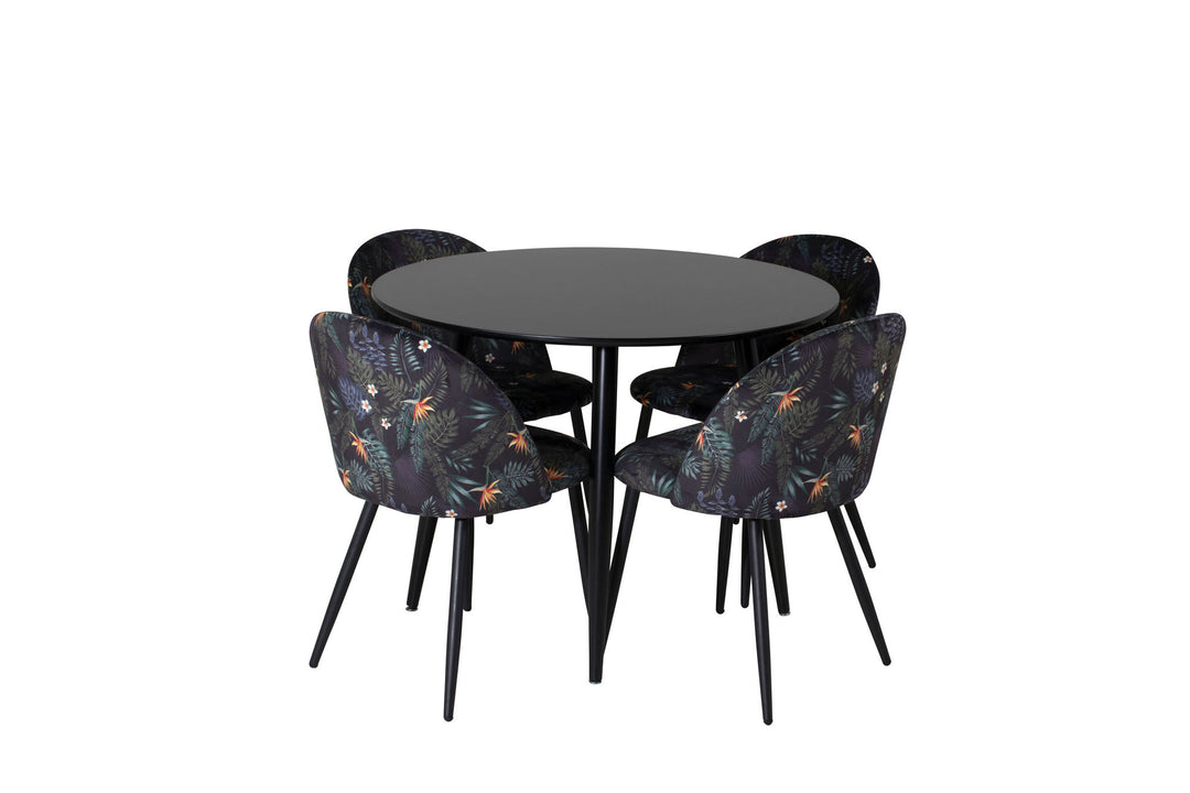 Venture Home Plaza Runt Matbord - Svart / Svart - ø100*H75 +Velvet Dining Chair -  Black Flower fabric _4