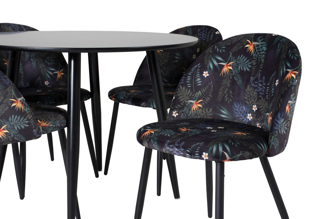 Venture Home Plaza Runt Matbord - Svart / Svart - ø100*H75 +Velvet Dining Chair -  Black Flower fabric _4
